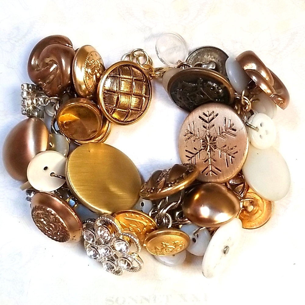 Vintage Rhinestone Pearl Button Charm Bracelet